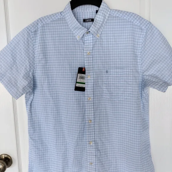 Izod Light Blue Checkered Casual Button Down Shirt - Picture 12 of 12